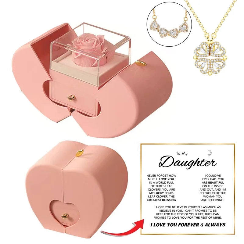To My Daughter Four Leaf Clover Necklace WithApple Jewelry Box Eternal Rose Flower To Daughter Birthday Party Christmas Gifts