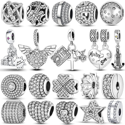 925 Silver Color Star Moon Heart Safety Chain CZ Beads Angle Wing Pendant Fit Bangle Charms Bracelet DIY Women Original Jewelry