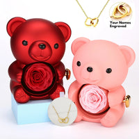 Custom Engraved Name Necklace Teddy Bear Eternal Rose Gift Box with Rotate Rose Jewelry Box for Girl Valentines Christmas Gifts