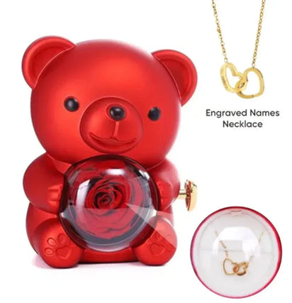 Custom Engraved Name Necklace Teddy Bear Eternal Rose Gift Box with Rotate Rose Jewelry Box for Girl Valentines Christmas Gifts